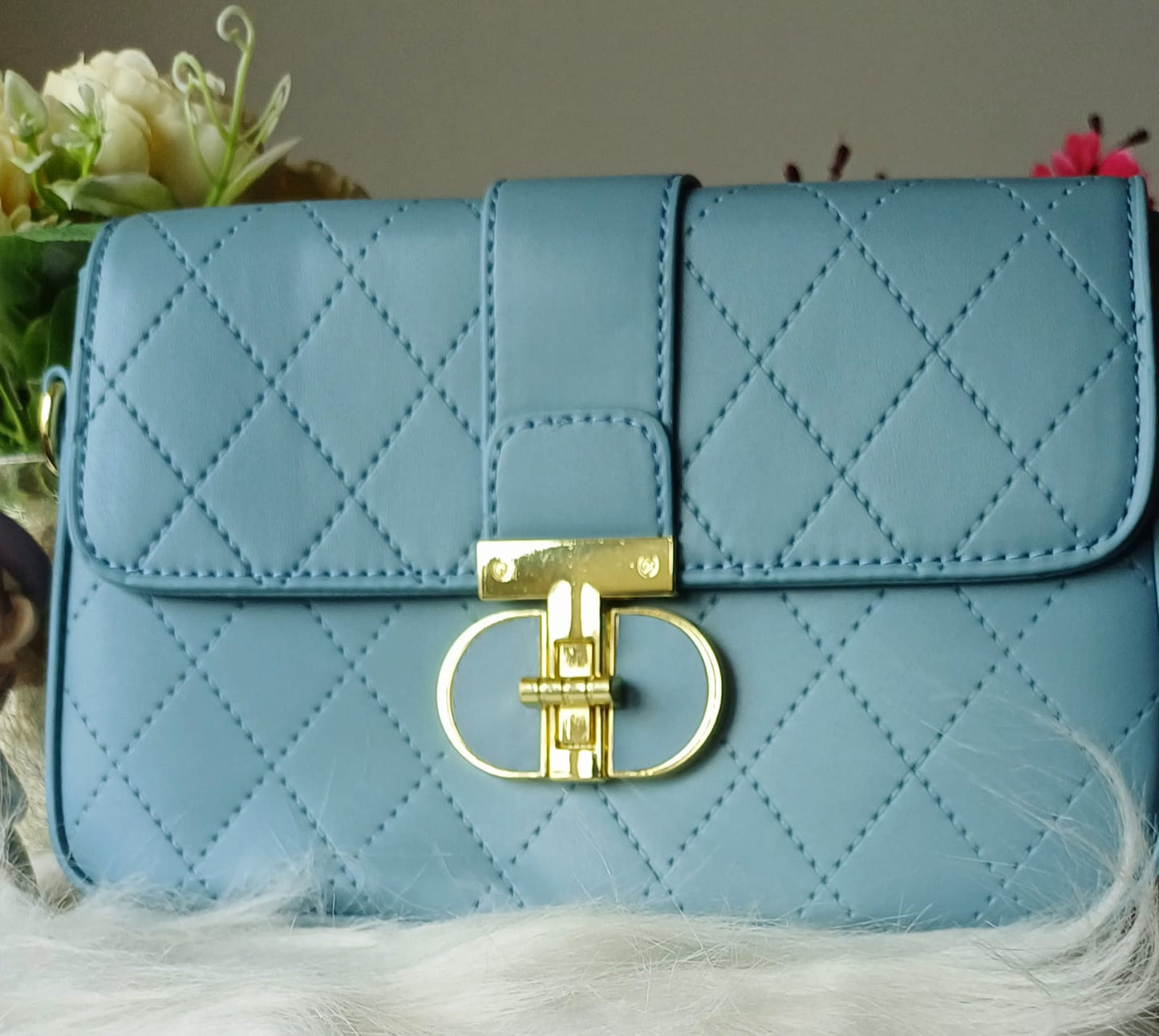 Blue Croco Metal Lock Sling Bag