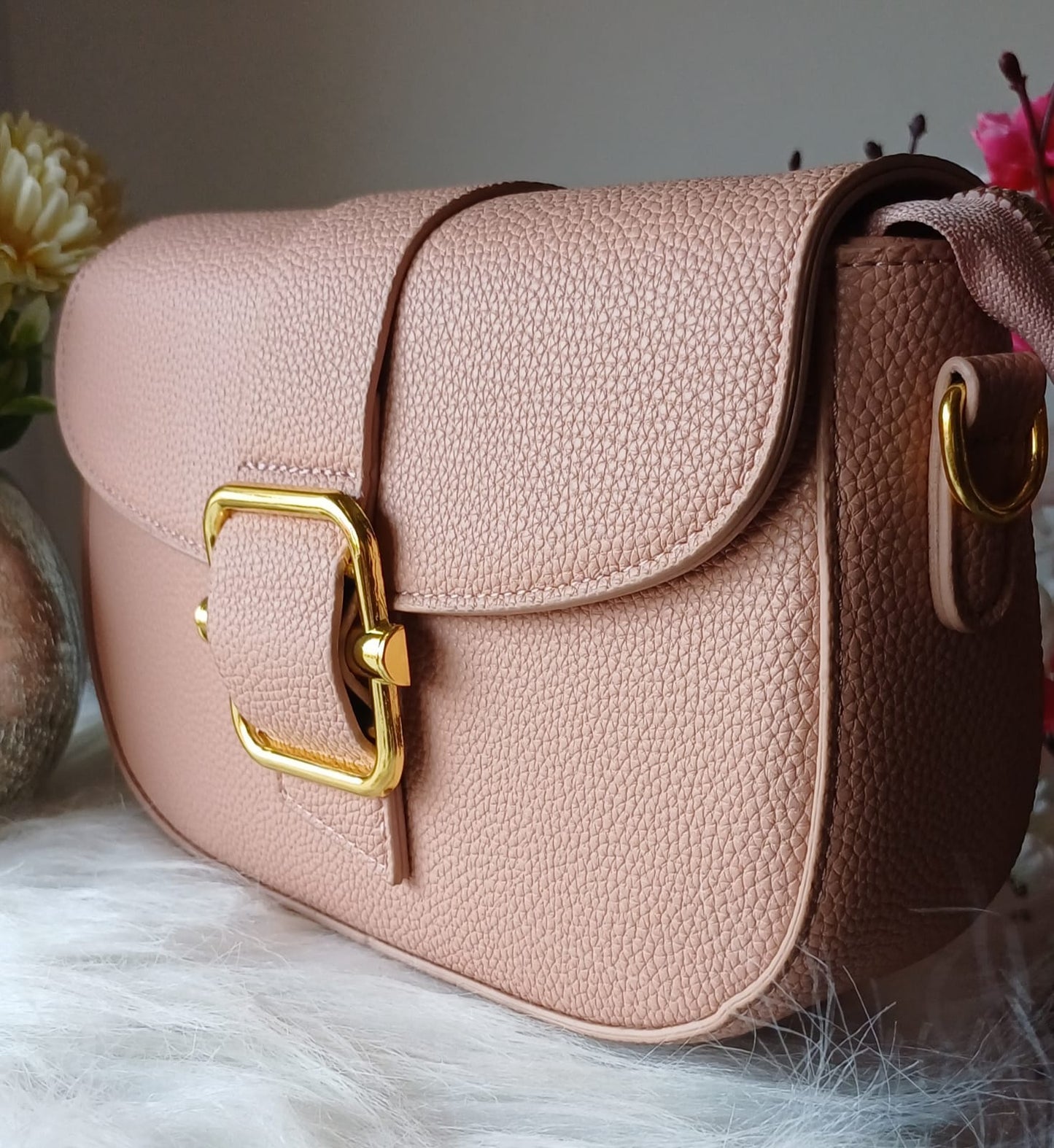 Peach Metal Lock Textured Sling Bag