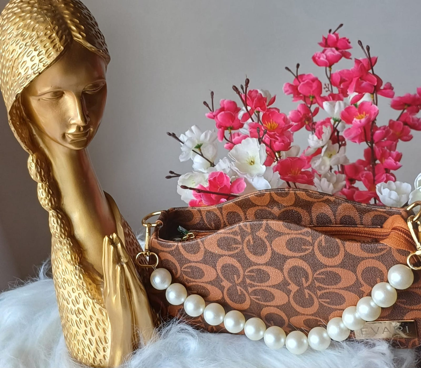 Brown Printed Pearl Handle Baguette Bag