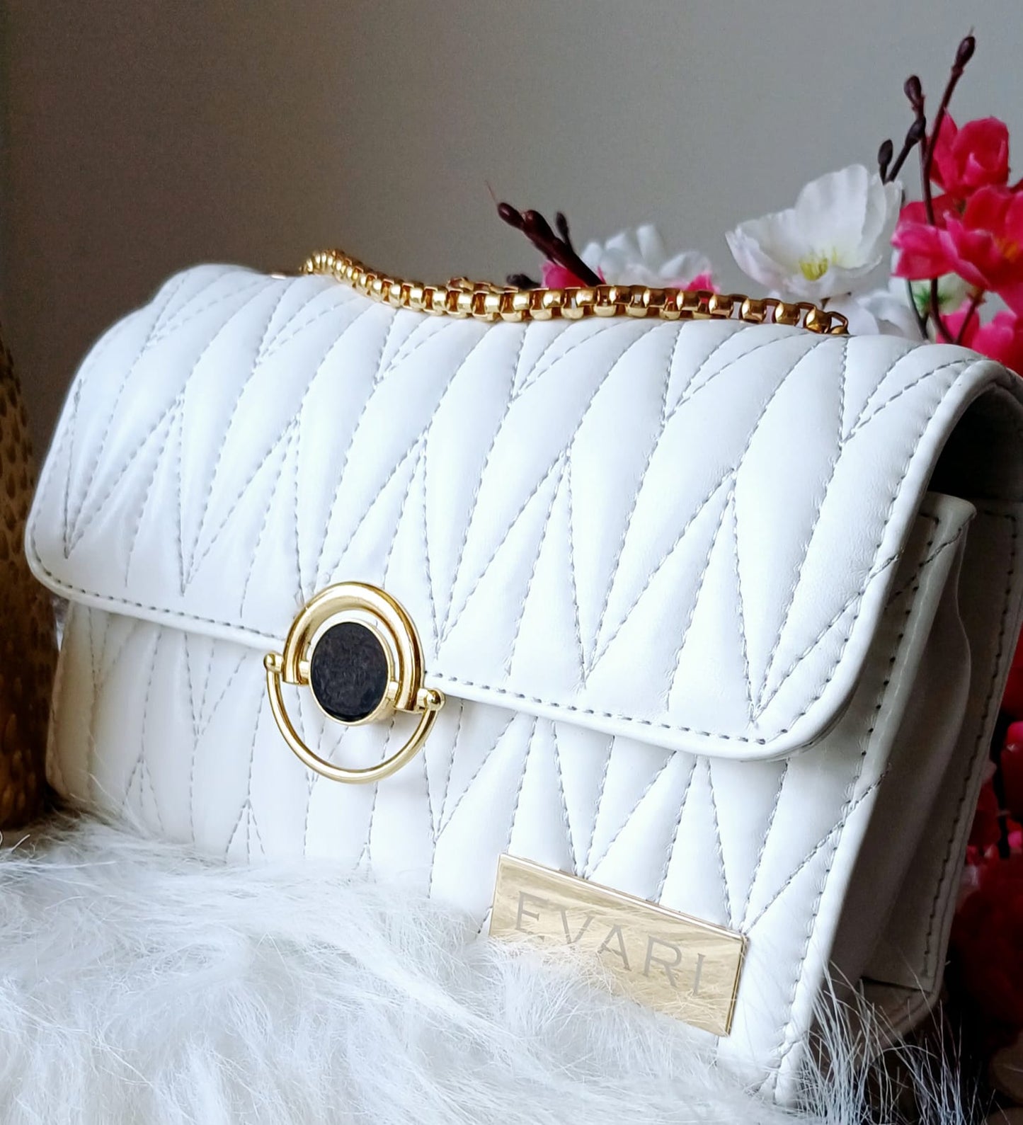 White Round Lock Quilt Sling Bag