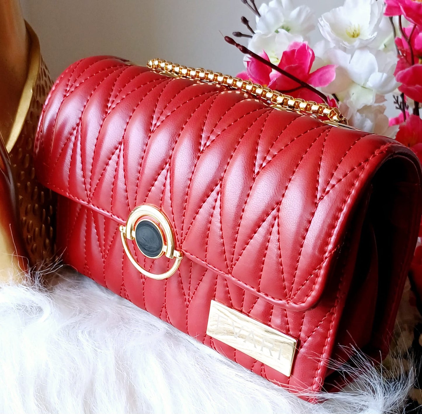 Red Round Lock Quilt Sling Bag