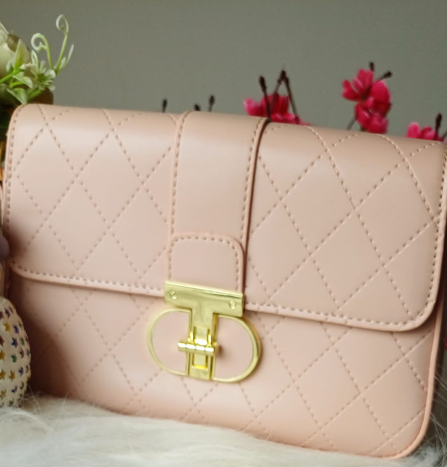 Peach Croco Metal Lock Sling Bag