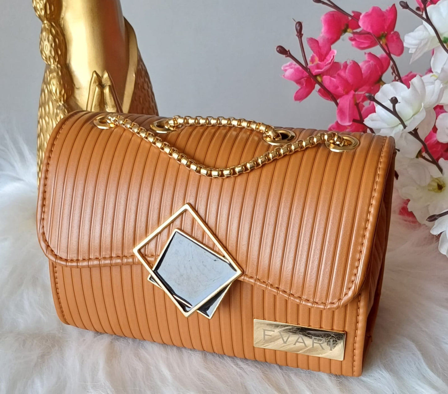 Tan Brown Square Lock Sling Bag