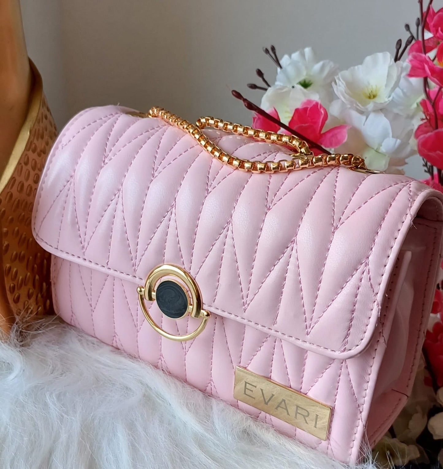 Pink Round Lock Quilt Sling Bag