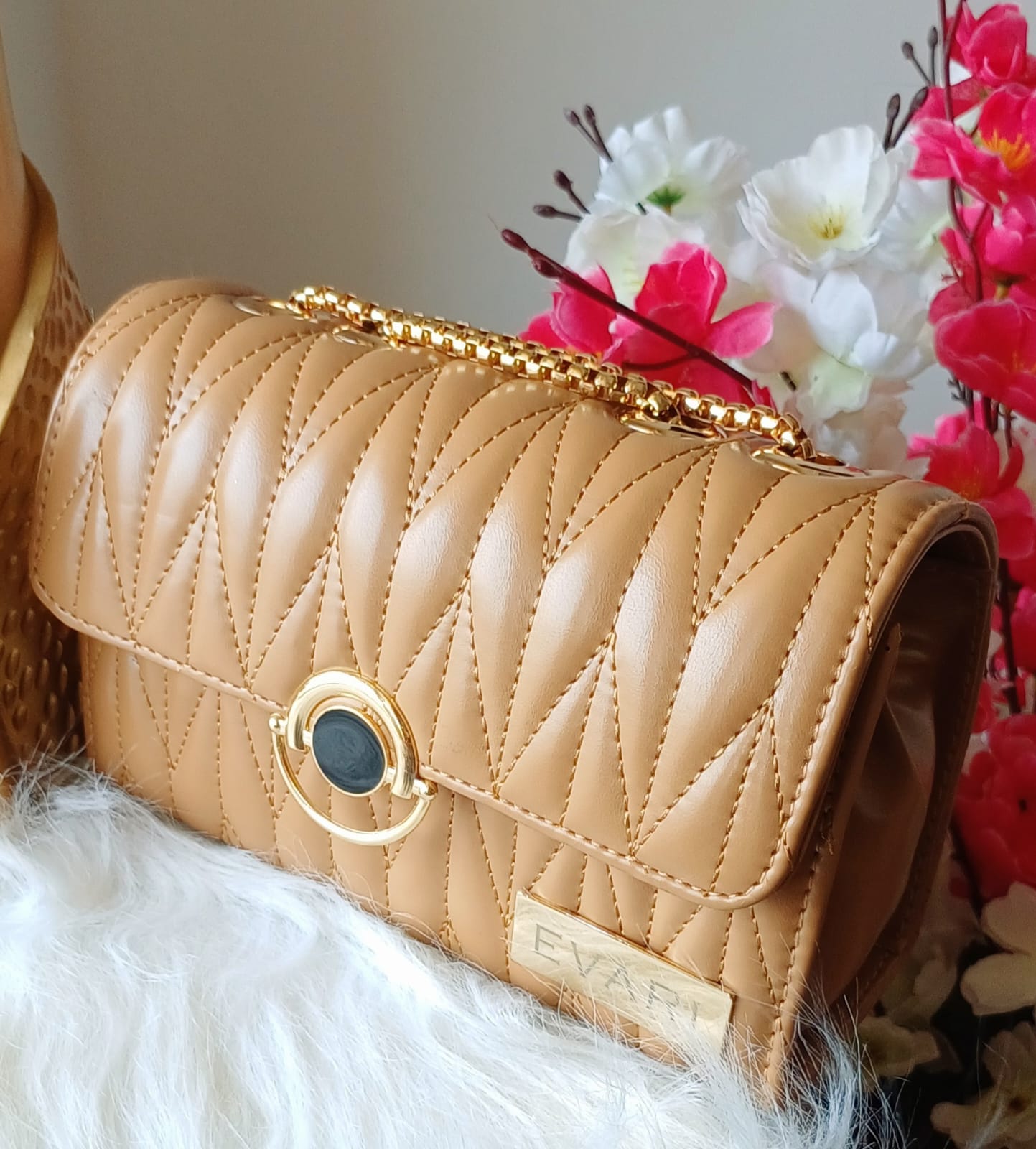 Apricot Brown Round Lock Quilt Sling Bag