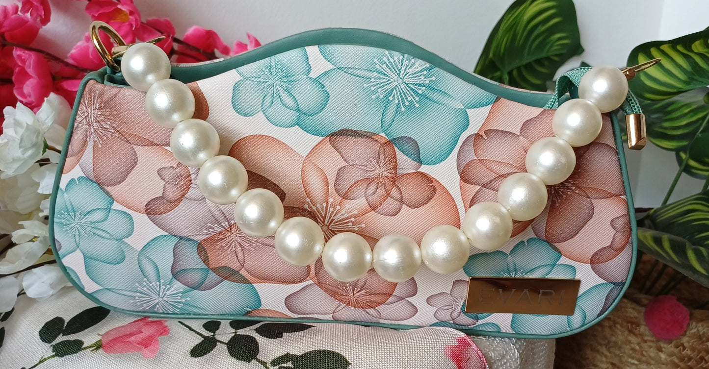 Green Printed Pearl Handle Baguette Bag