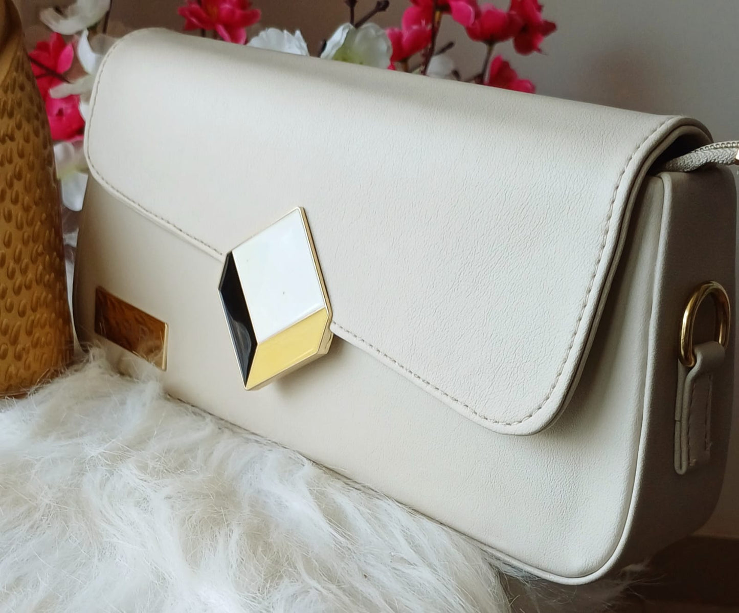Beige 3D Lock Baguette Bag