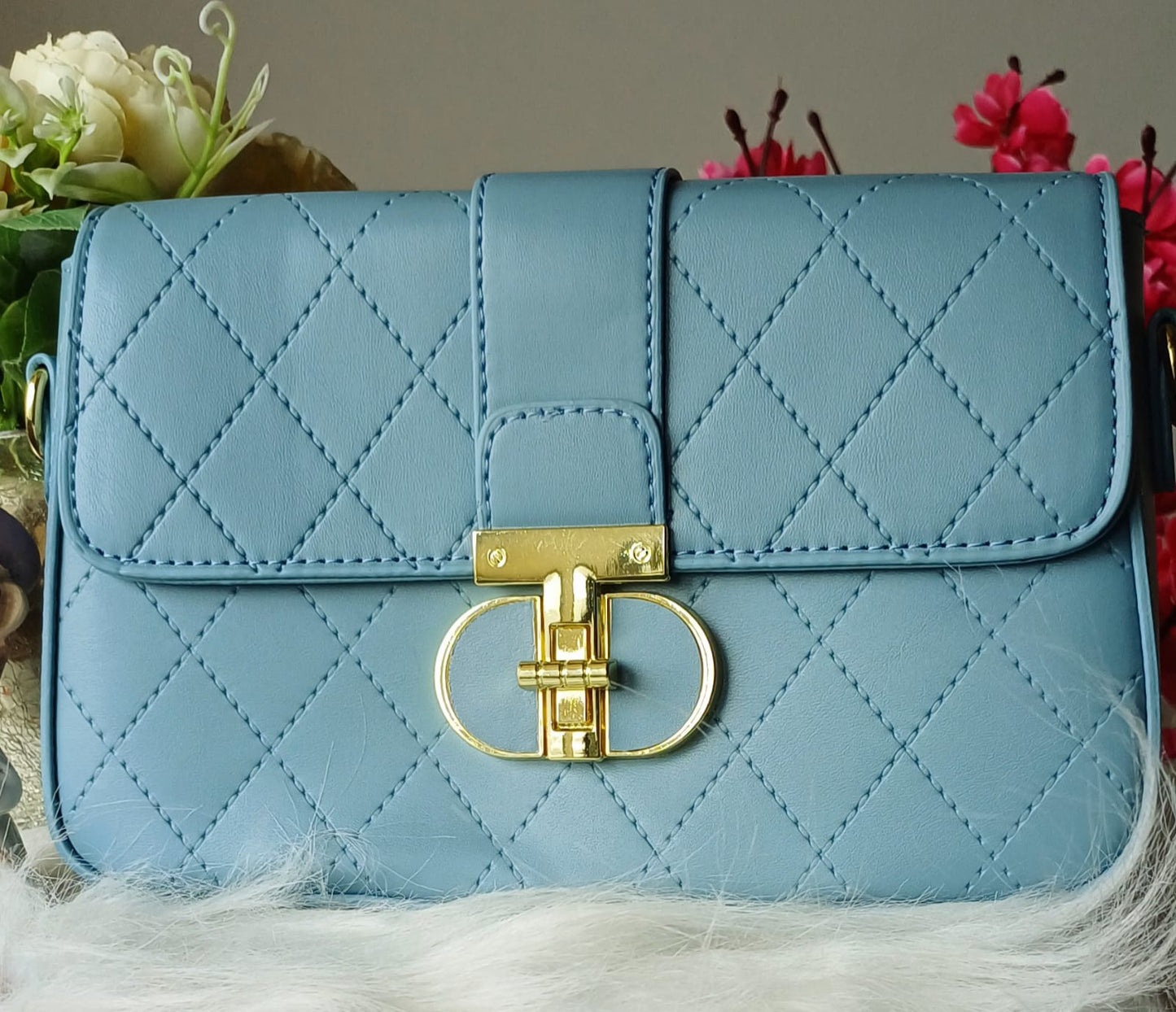 Blue Croco Metal Lock Sling Bag