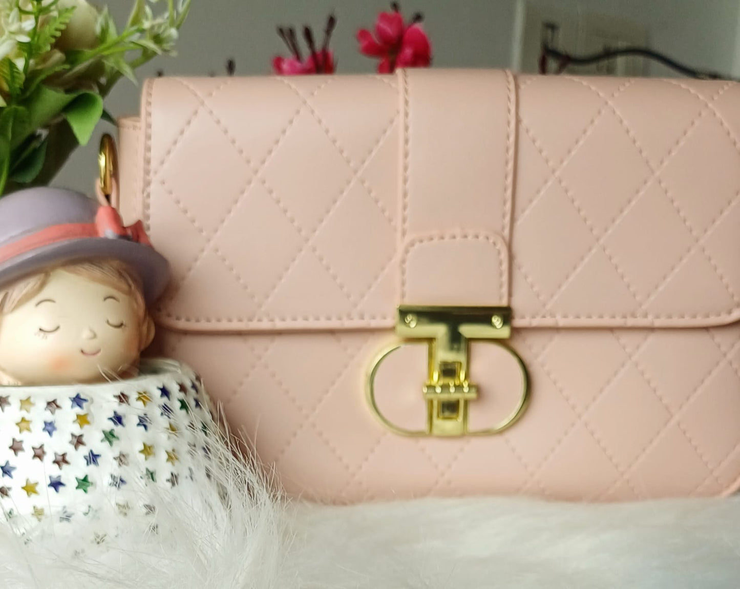 Peach Croco Metal Lock Sling Bag
