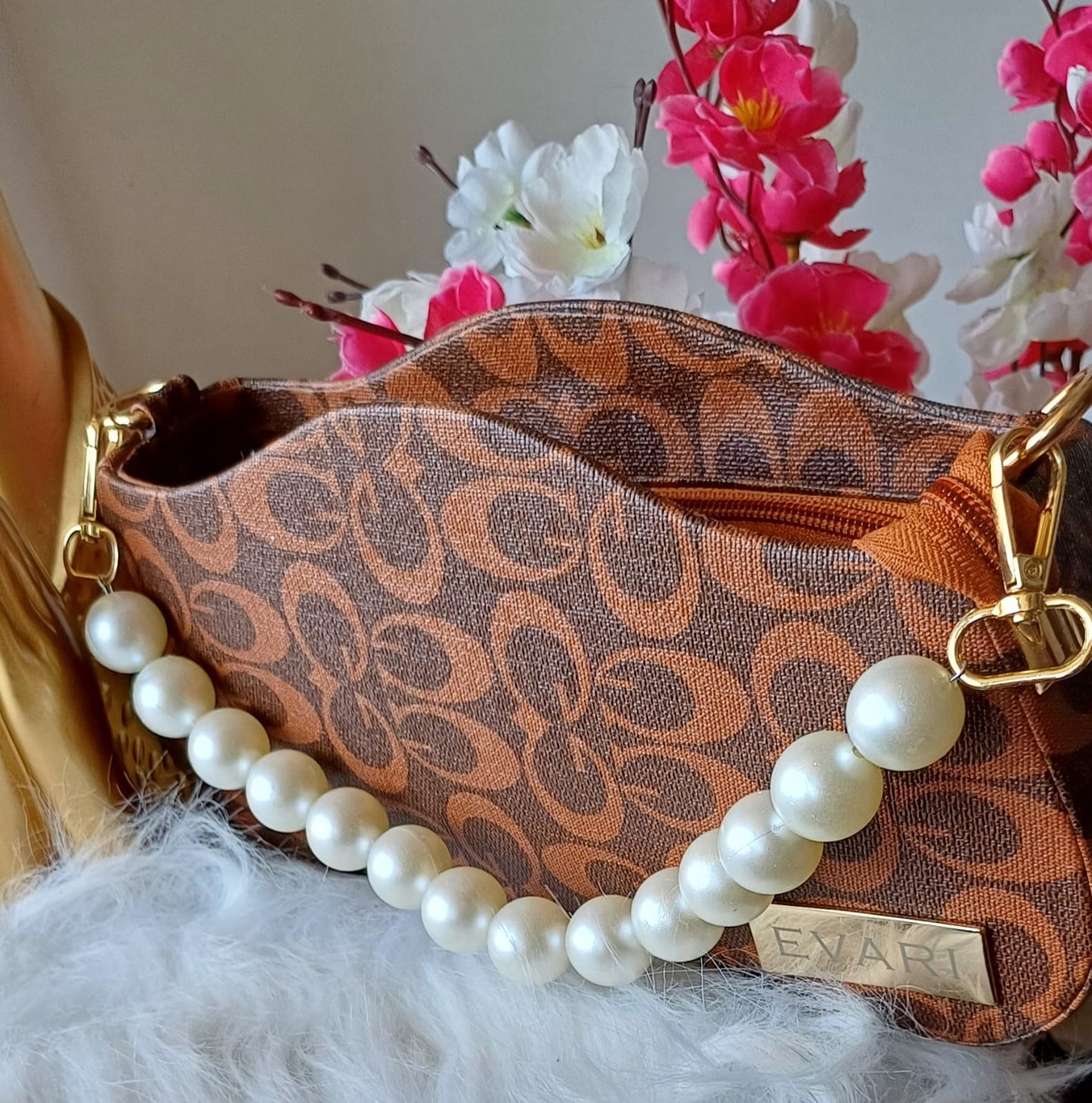 Brown Printed Pearl Handle Baguette Bag