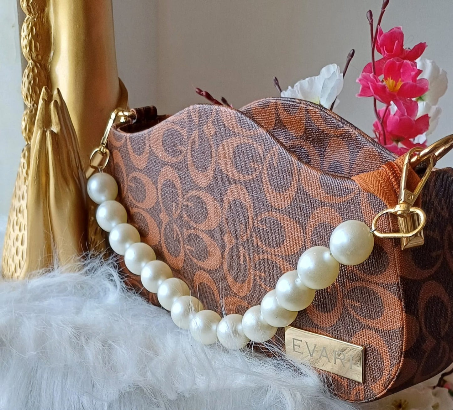Brown Printed Pearl Handle Baguette Bag