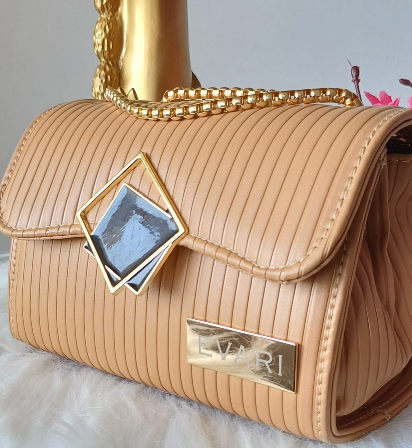 Apricot Brown Square Lock Sling Bag