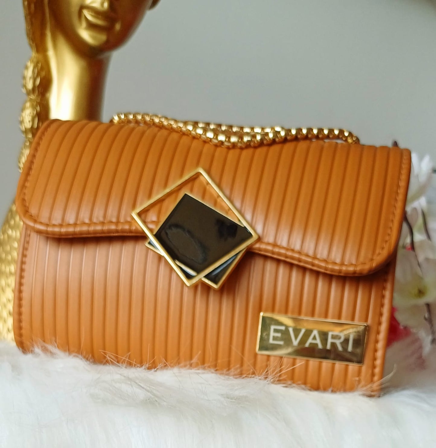 Tan Brown Square Lock Sling Bag