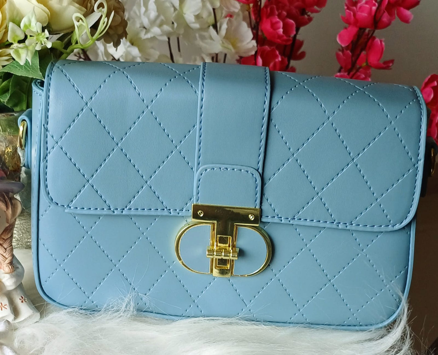 Blue Croco Metal Lock Sling Bag