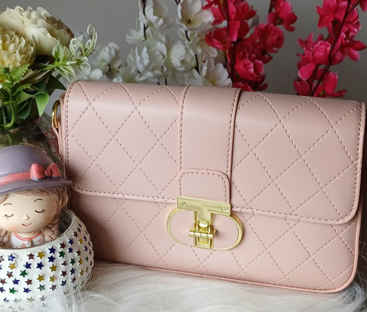 Peach Croco Metal Lock Sling Bag