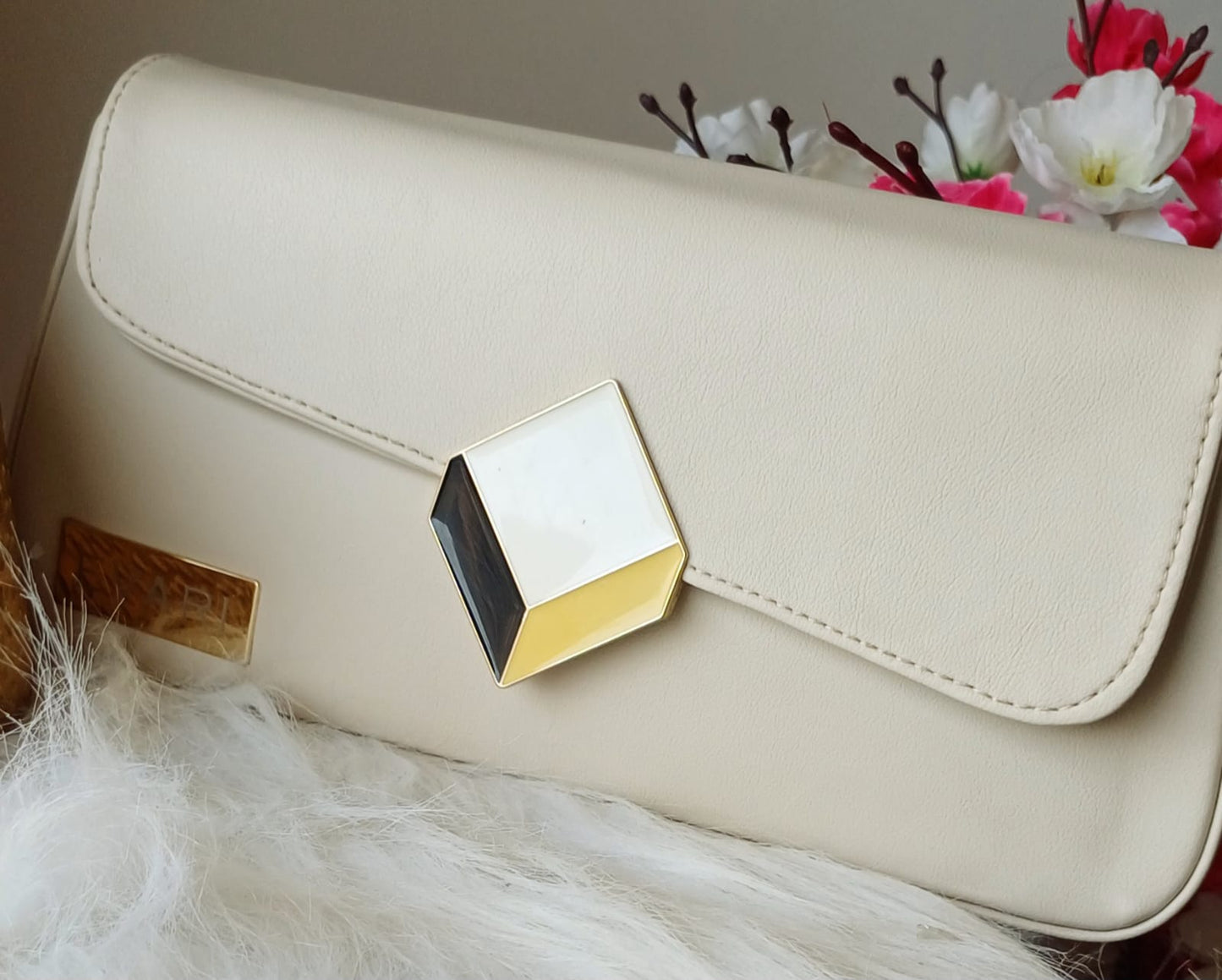 Beige 3D Lock Baguette Bag