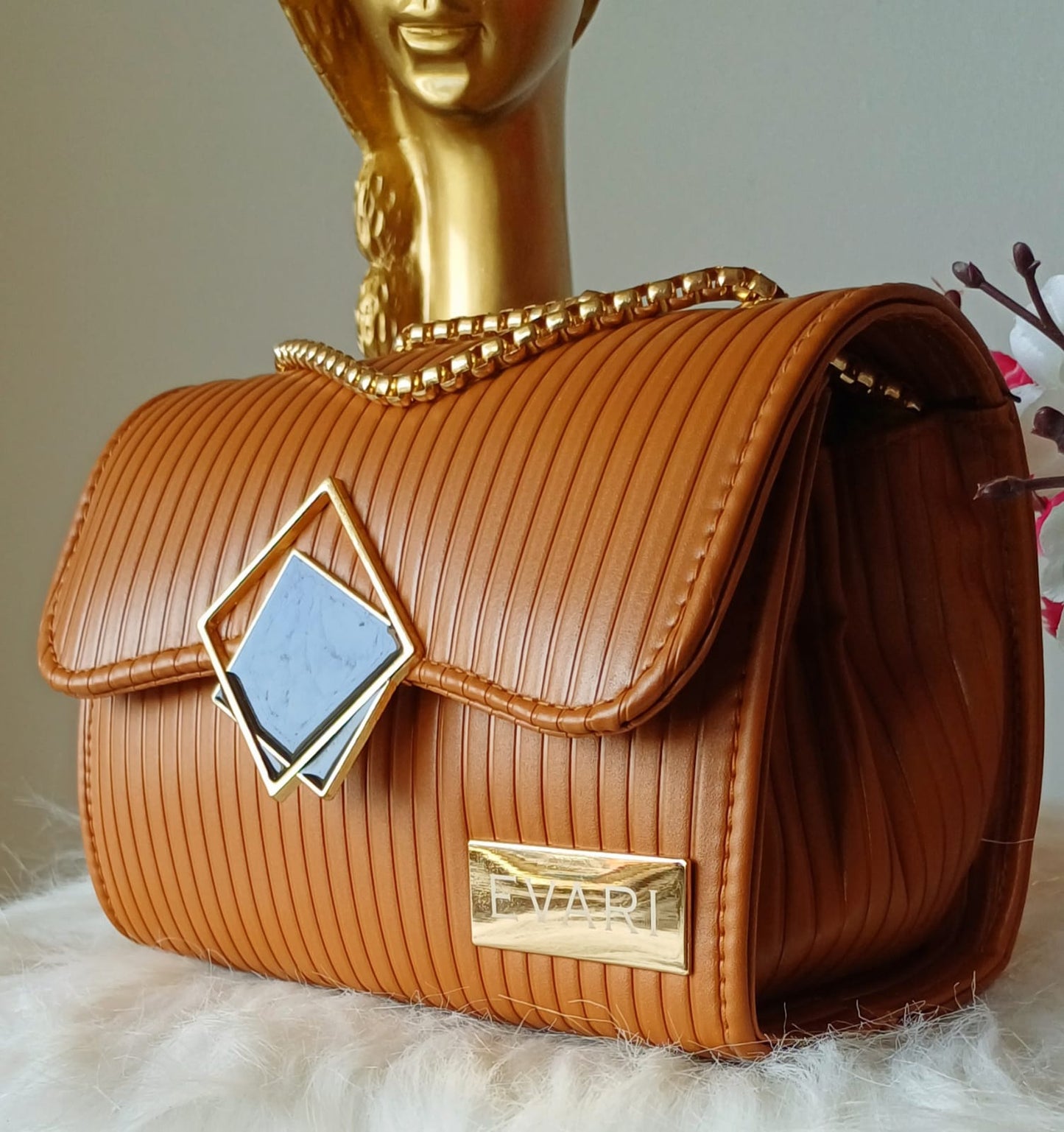 Tan Brown Square Lock Sling Bag