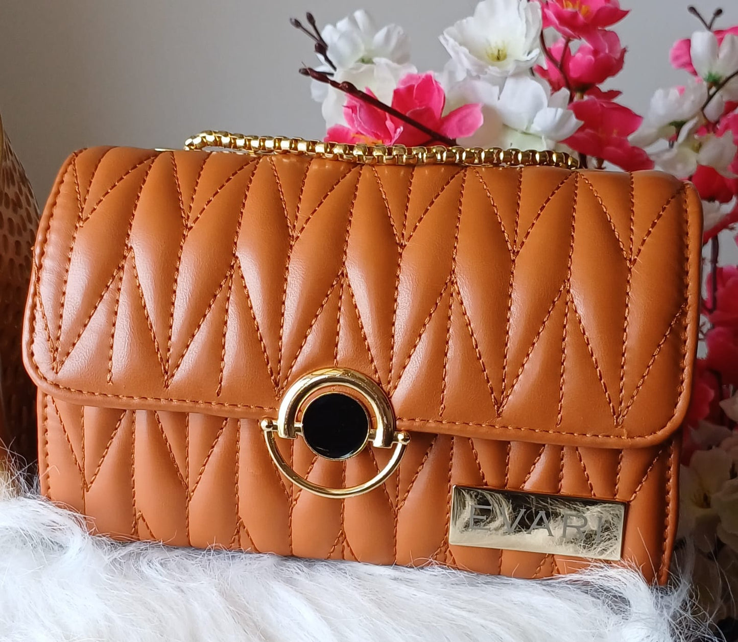 Tan Brown Round Lock Quilt Sling Bag