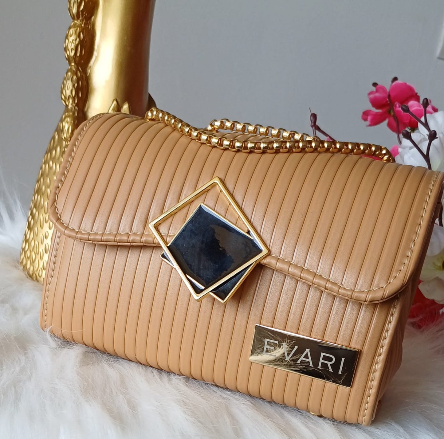 Apricot Brown Square Lock Sling Bag