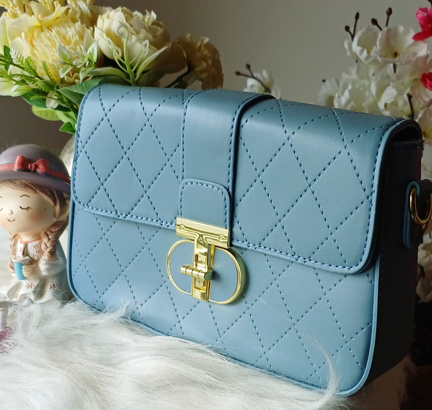 Blue Croco Metal Lock Sling Bag