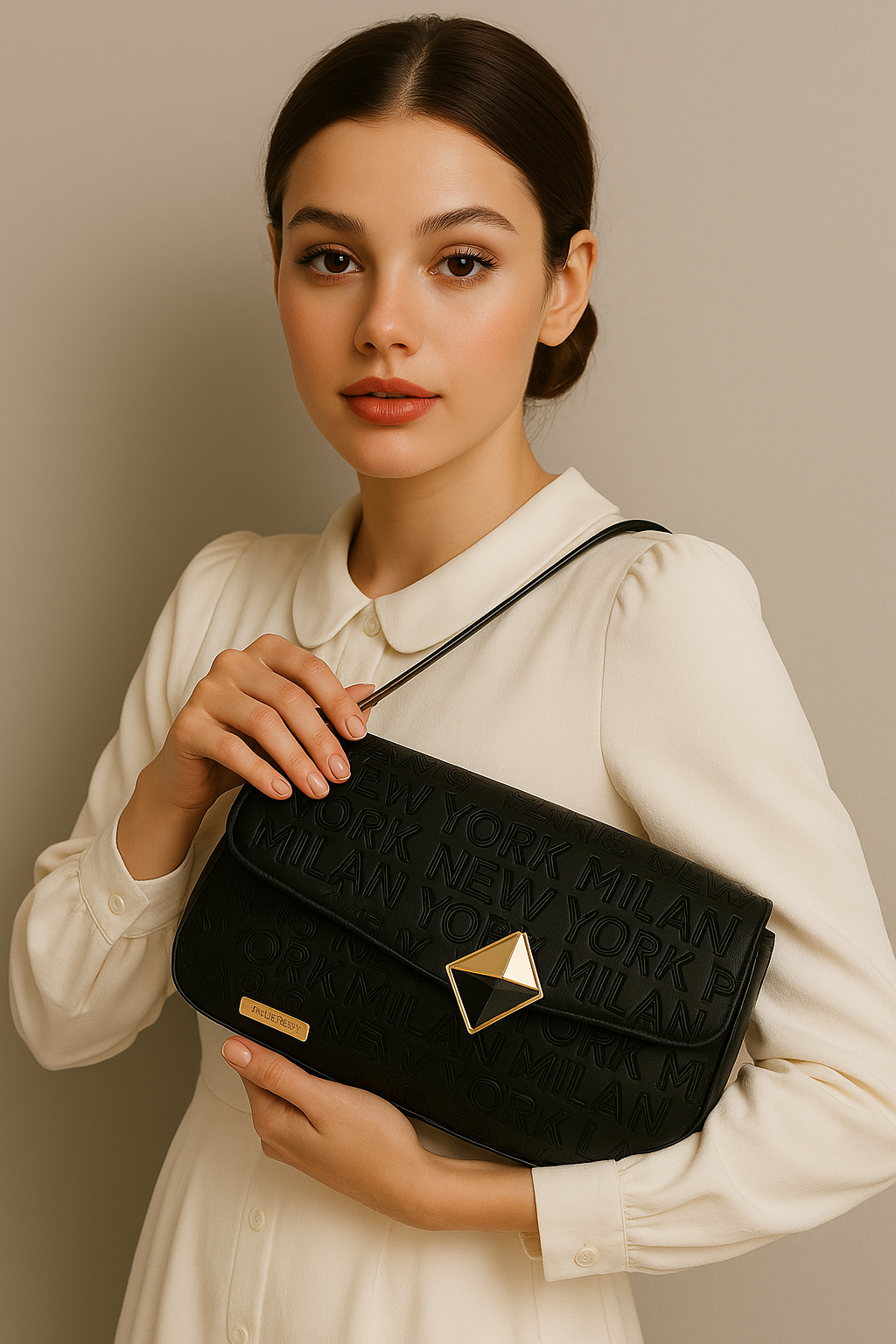 Black Printed 3D Lock Baguette Bag