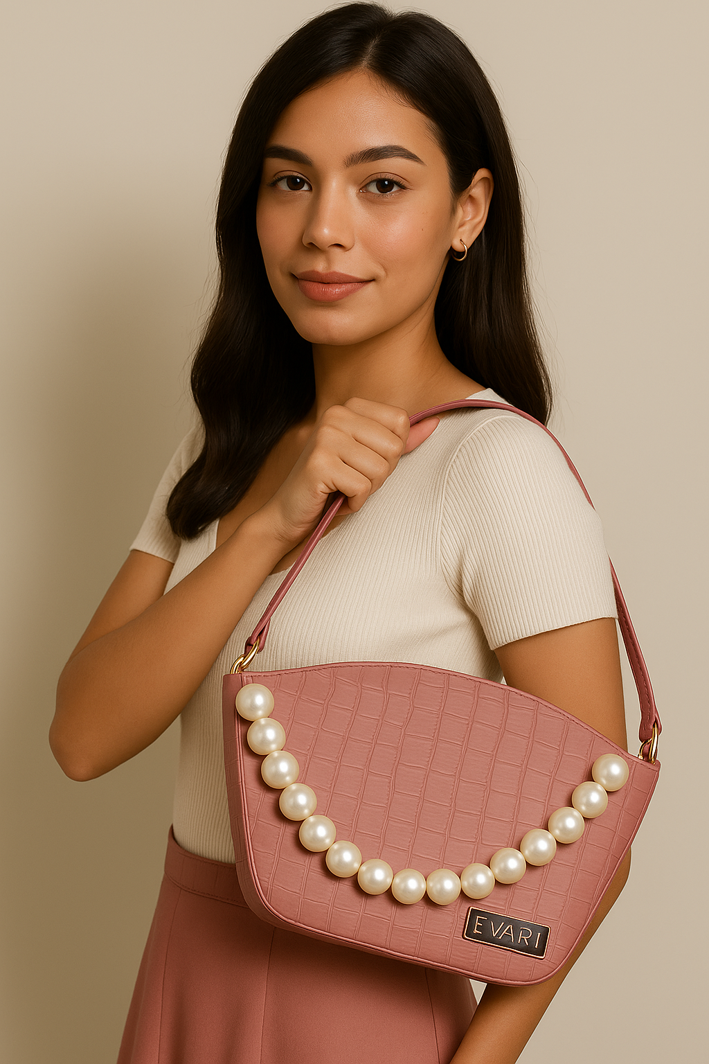Brown Pearl Handle Bucket Sling Bag