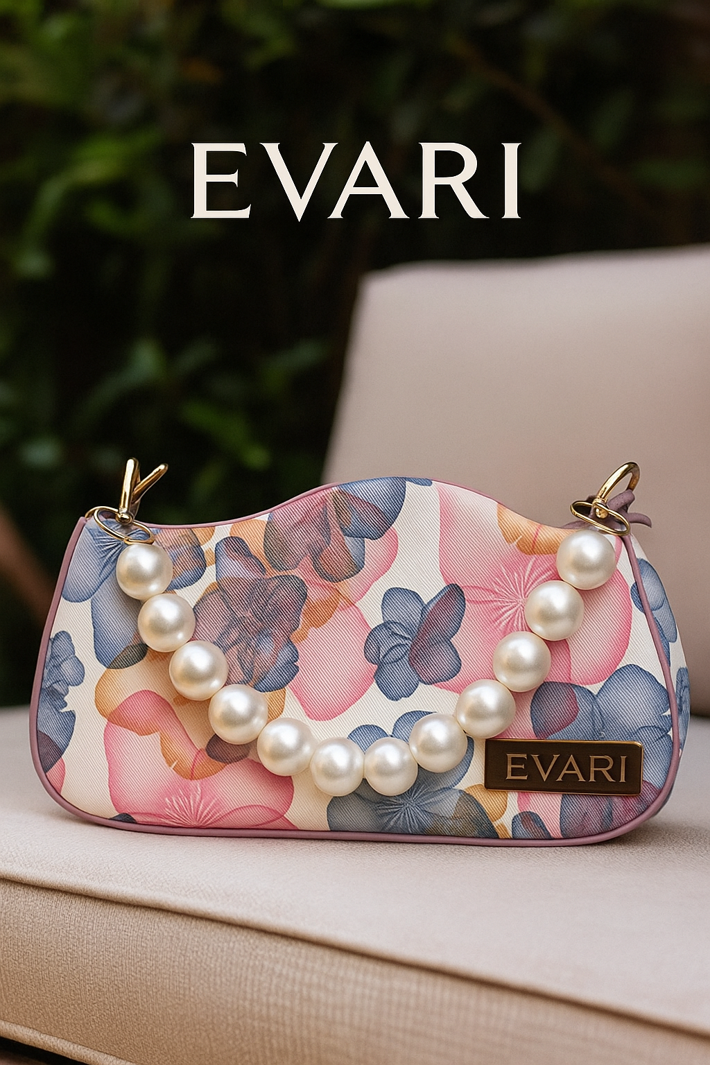 Pink Printed Pearl Handle Baguette Bag