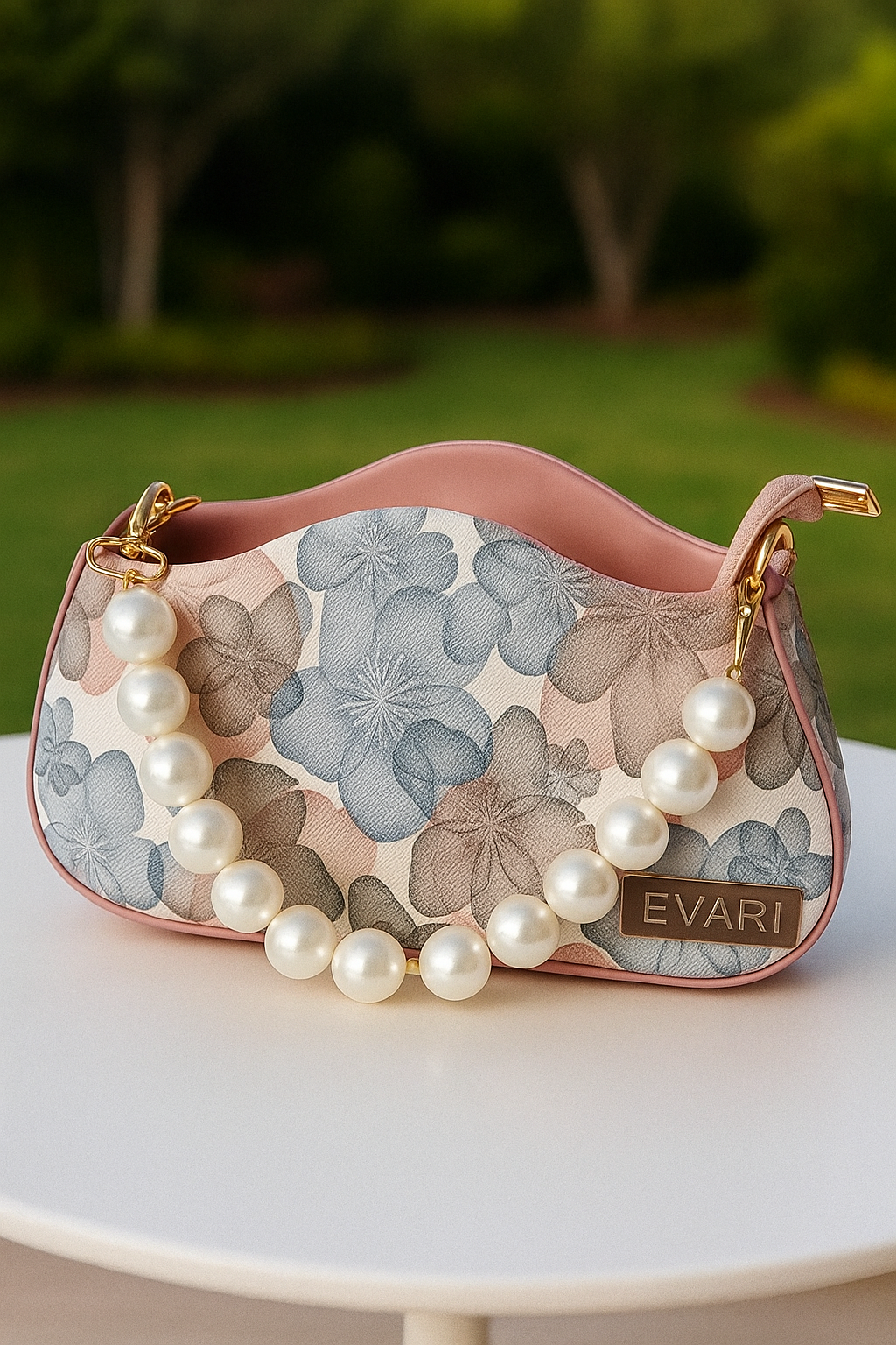 Peach Printed Pearl Handle Baguette Bag