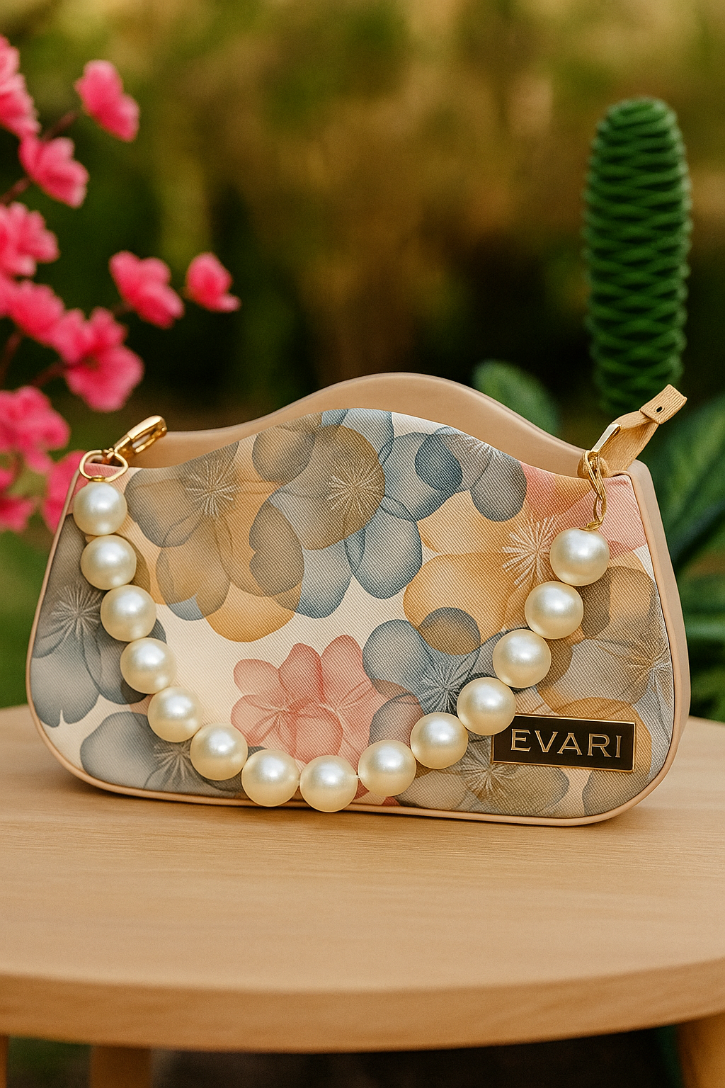 Orange Printed Pearl Handle Baguette Bag