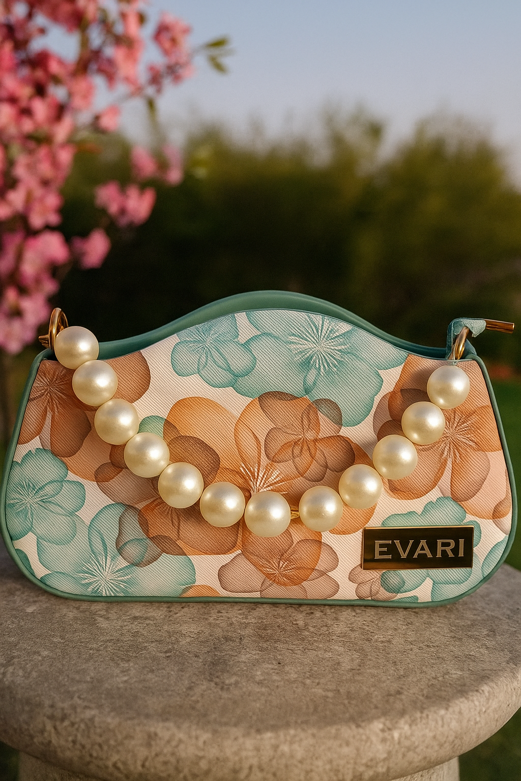 Green Printed Pearl Handle Baguette Bag