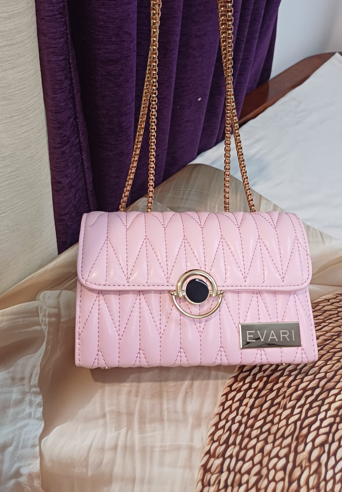 Pink Round Lock Quilt Sling Bag