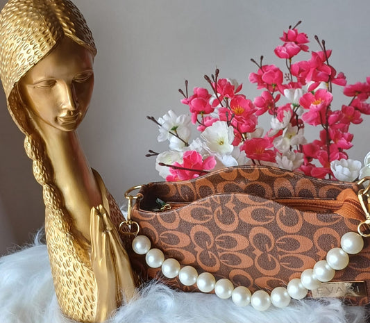 Brown Printed Pearl Handle Baguette Bag