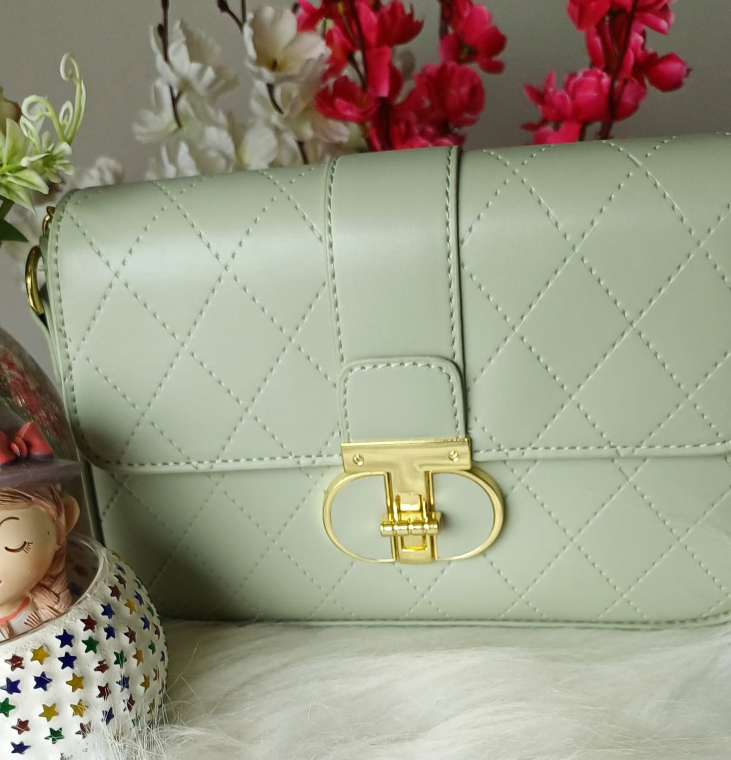 Green Croco Metal Lock Sling Bag