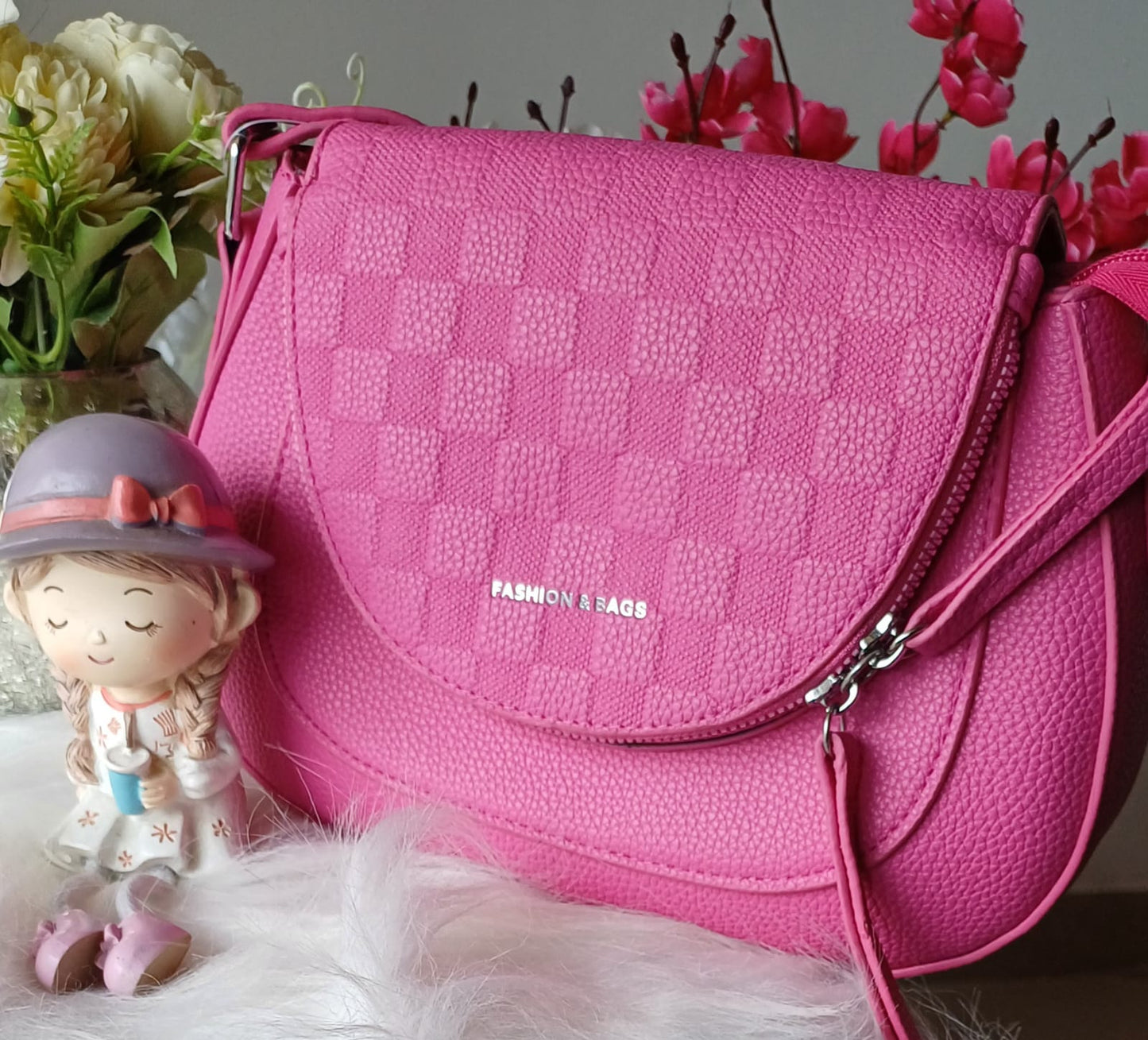 Pink Flap Textured Sling Bag