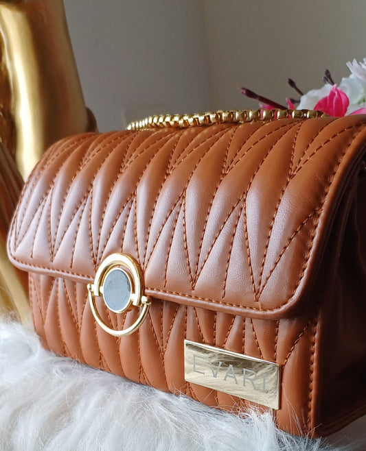 Tan Brown Round Lock Quilt Sling Bag
