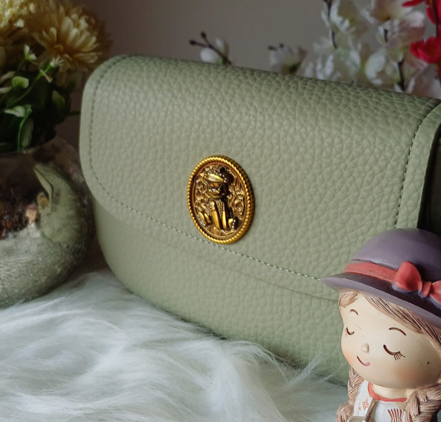Green Gold Lock Textured Sling Bag
