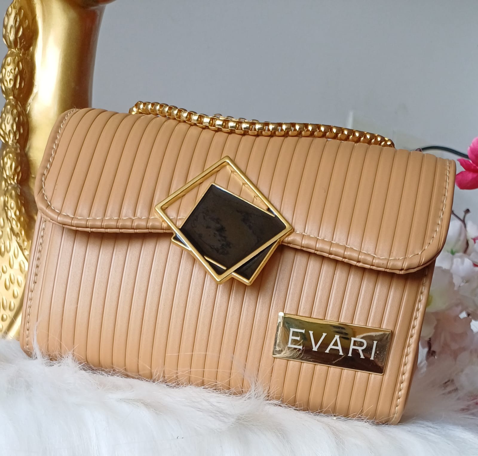 Apricot Brown Square Lock Sling Bag