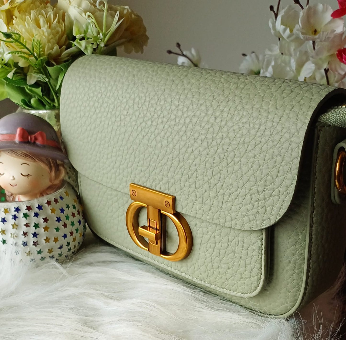 Green Textured Gold Lock Sling Bag
