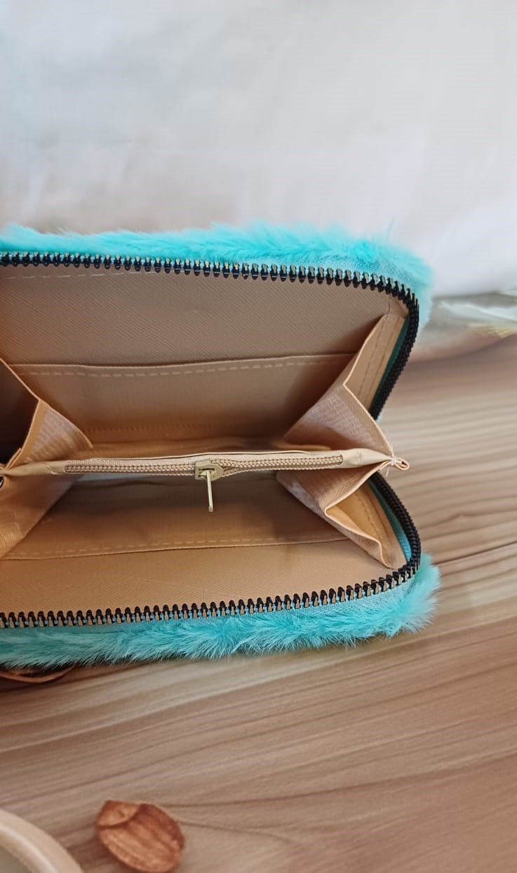 Turquoise Blue PINK Fur Pocket Wallet
