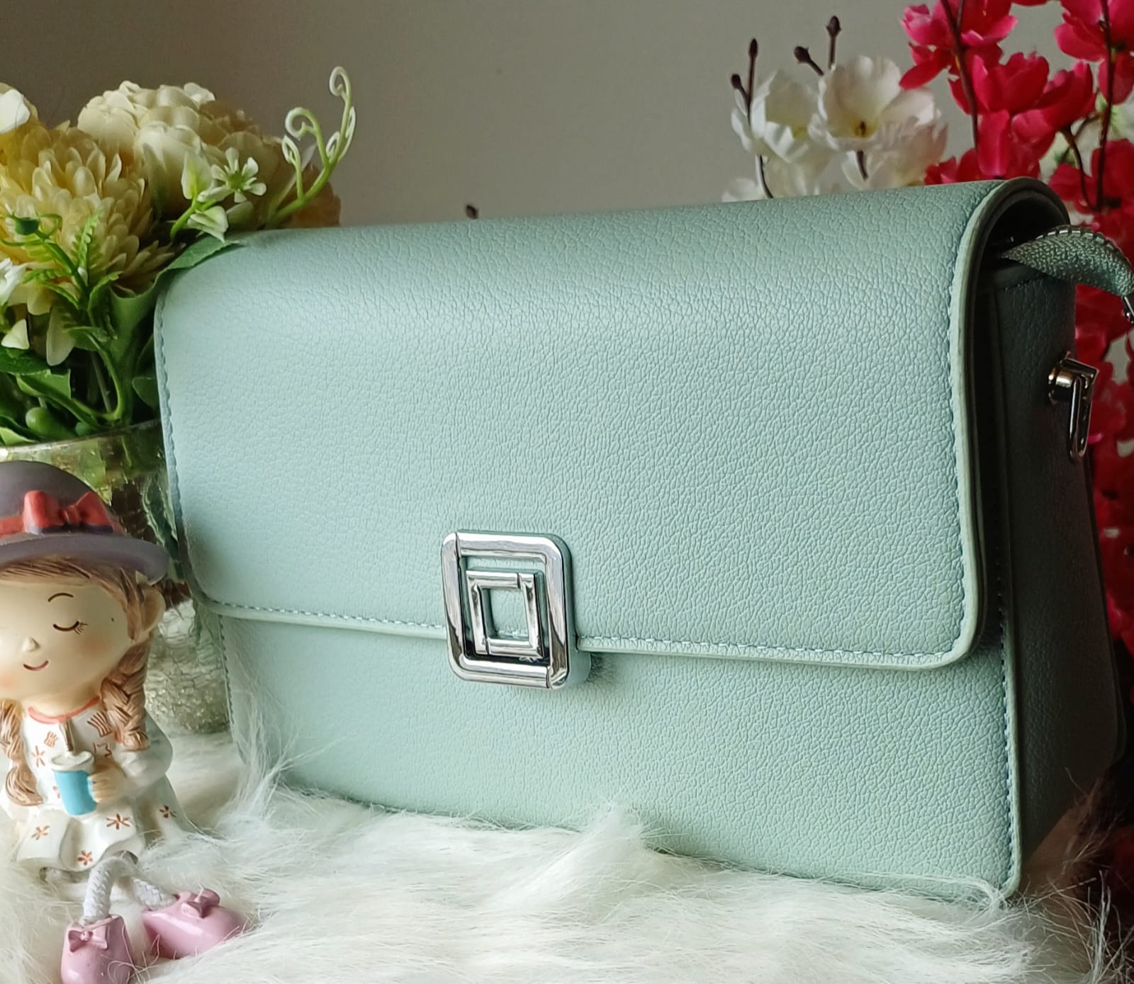 Blue Double Square Metal Lock Sling Bag