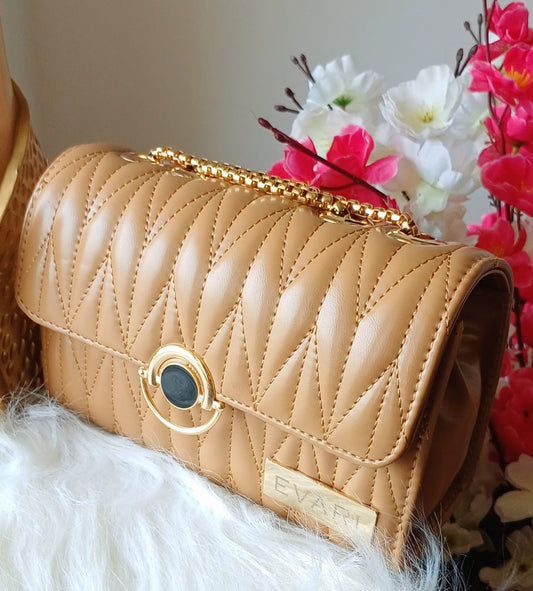 Apricot Brown Round Lock Quilt Sling Bag 
