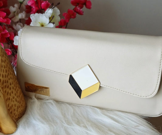 Beige 3D Lock Baguette Bag