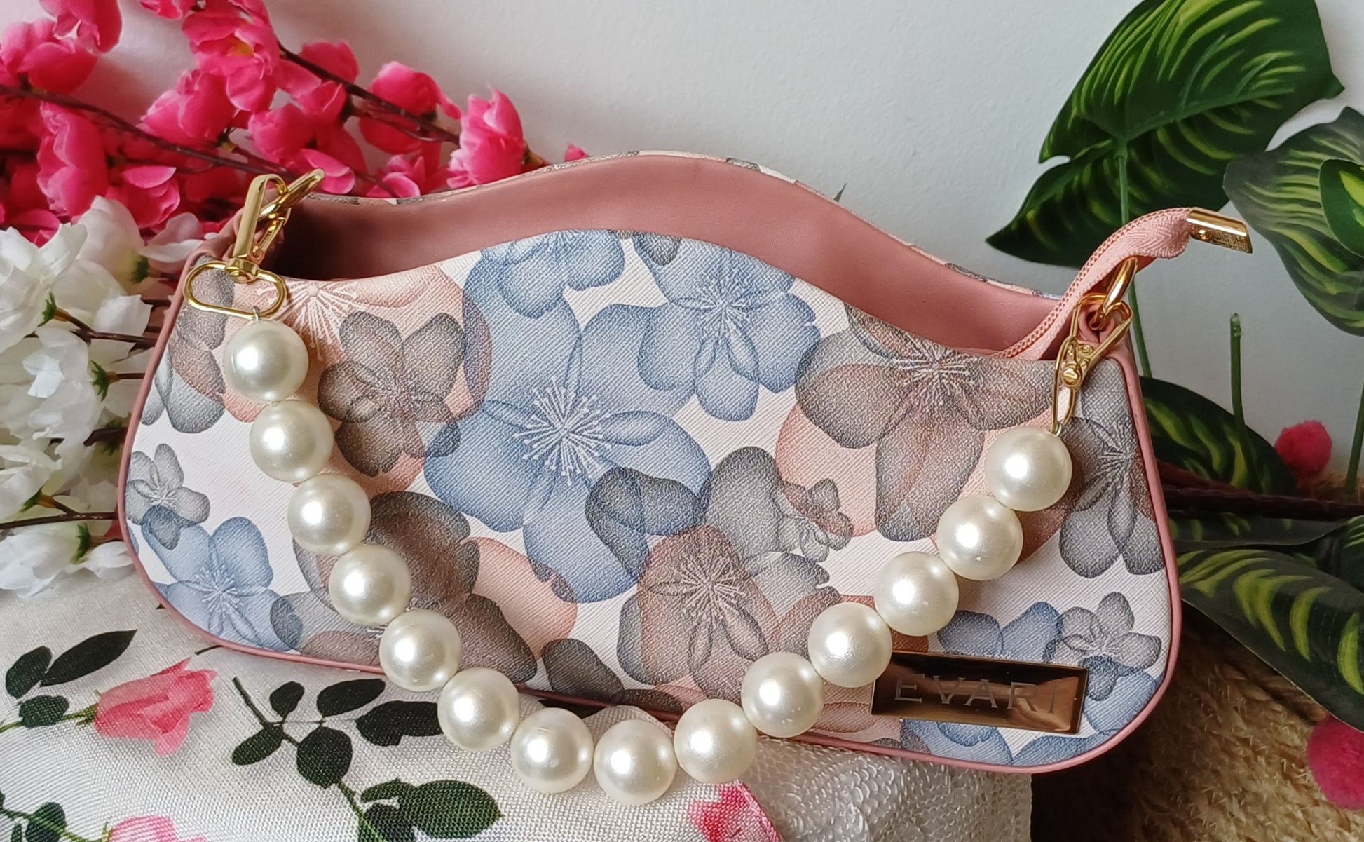 Peach Printed Pearl Handle Baguette Bag