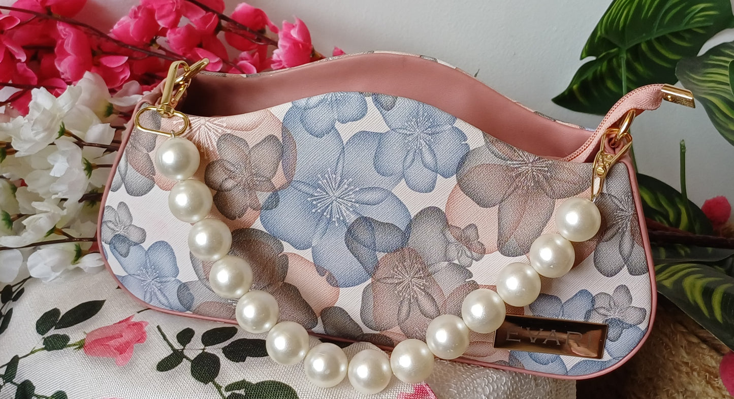 Peach Printed Pearl Handle Baguette Bag