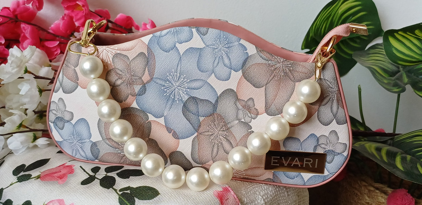 Peach Printed Pearl Handle Baguette Bag
