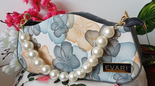 Grey Printed Pearl Handle Baguette Bag