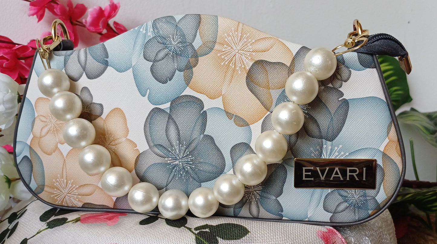 Peach Printed Pearl Handle Baguette Bag