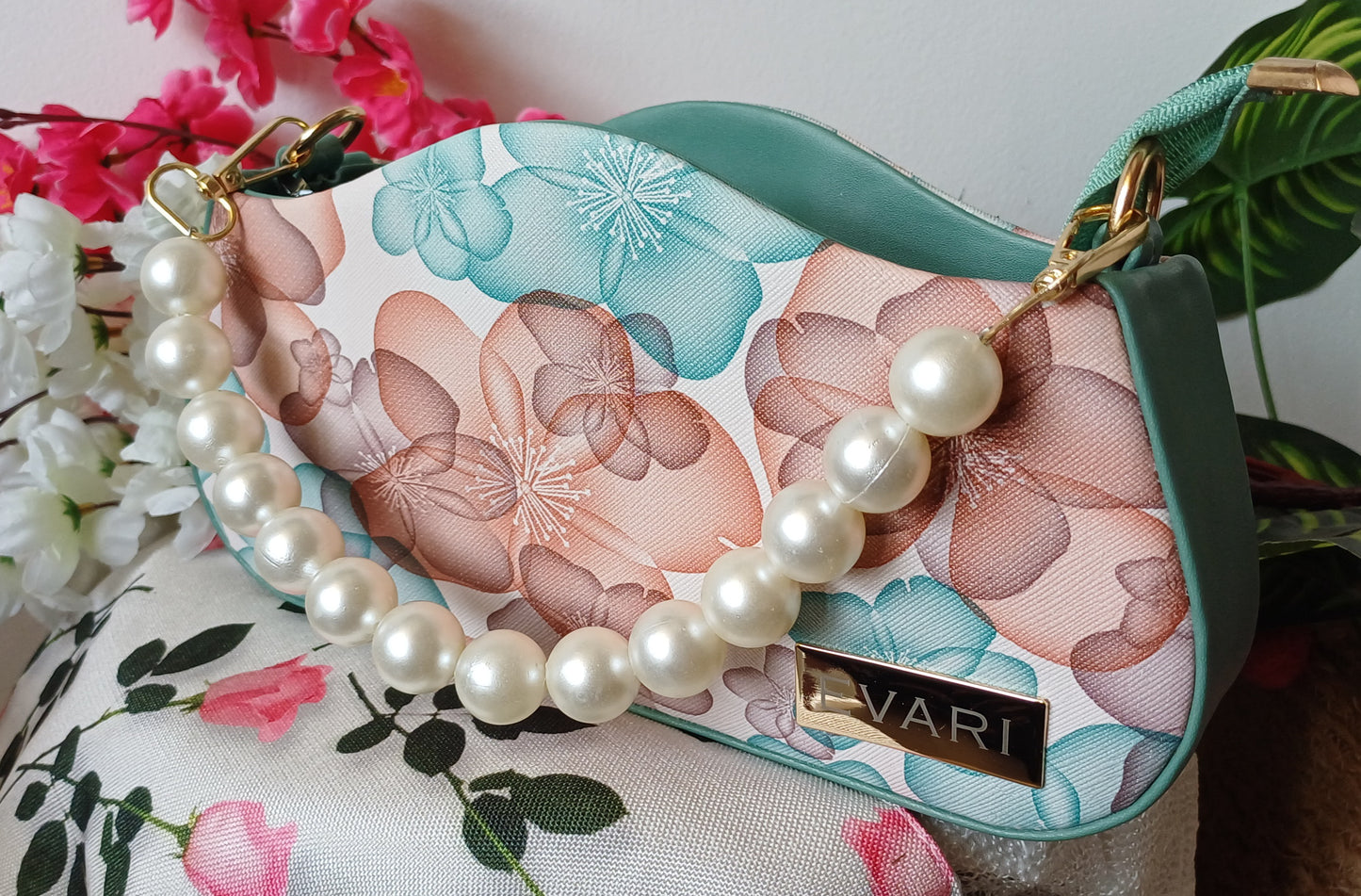 Peach Printed Pearl Handle Baguette Bag