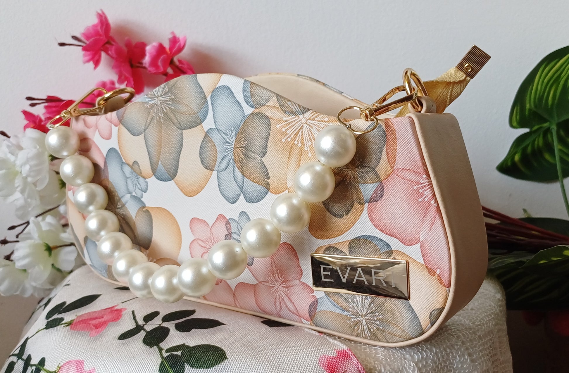 Orange Printed Pearl Handle Baguette Bag