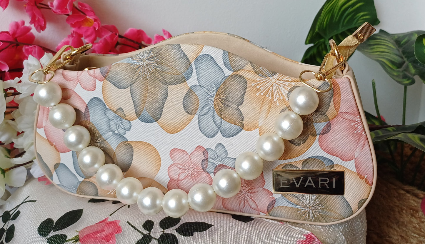 Peach Printed Pearl Handle Baguette Bag
